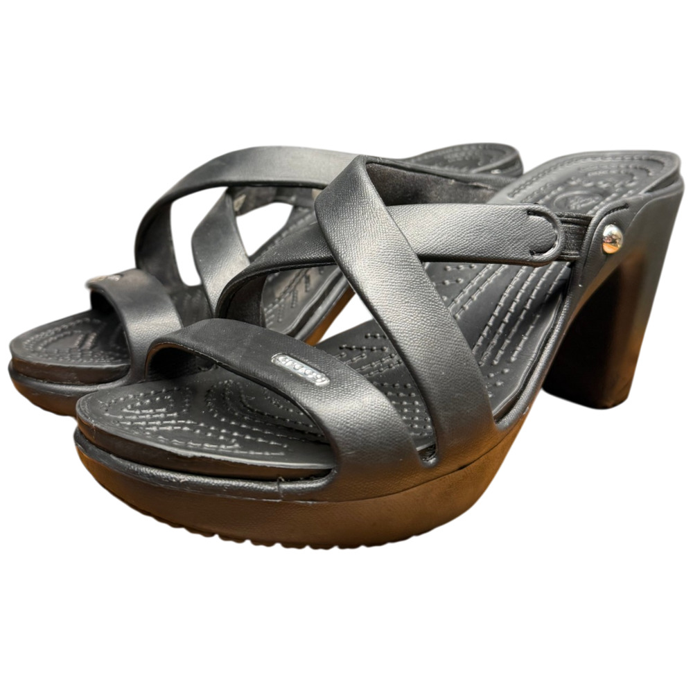 CROCS Cyprus Iv Women's 9 Black Strappy Slip On Strappy Chunky Heel Platform - Picture 2 of 13